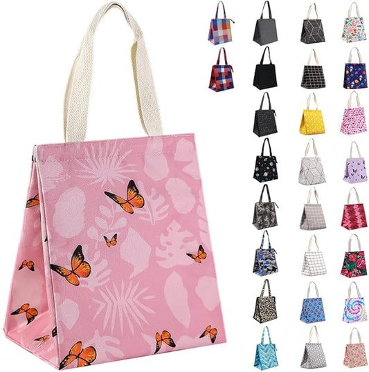 iknoe Insulated Lunch Bag for Women, 9L Sturdy Wide-Open Foldable & Portable Lunch Tote with Interior Pockets, Water-resistant Thermal Lunch Cooler for Adults Picnic Beach-Pink Butterfly