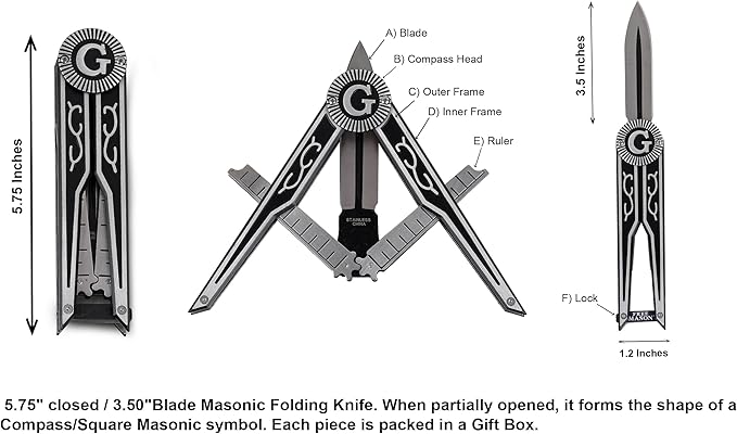 Folding Masonic Pocket Knife, 5.75 inch Closed/ 3.50" Blade Knife When Partially Opened It Forms the Shape of a Compass/Square Masonic symbol Gift for Men for Hunting, Camping, Fishing, Hiking Etc
