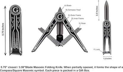 Folding Masonic Pocket Knife, 5.75 inch Closed/ 3.50" Blade Knife When Partially Opened It Forms the Shape of a Compass/Square Masonic symbol Gift for Men for Hunting, Camping, Fishing, Hiking Etc