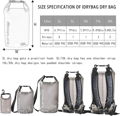 IDRYBAG Clear Dry Bag Waterproof 2L/5L/10L/15L/20L, Small Dry Sack Waterproof Bag for Kayaking