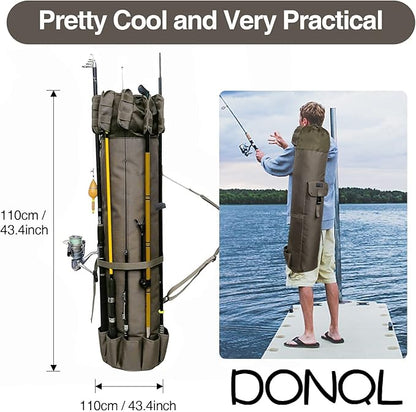 DONQL Fishing Rod Bags Outdoor Fishing Pole Holders Multifunction Camping Portable Canvas Backpack Case Fish Rod Storage Bag Fishing Rod Case Holding 5 Poles & Fishing Tackles (Khaki)