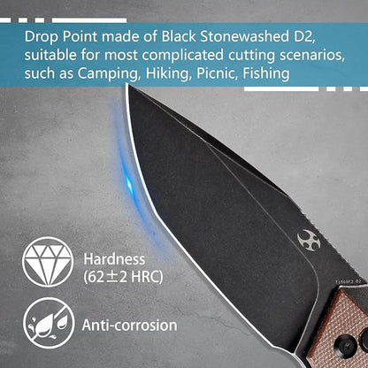 KANSEPT Hellx Pocket Folding Knives Button Lock for Men EDC Pocket Knife 3.6'' Black Stonewashed D2 Blade Excellent Folding Knife with Brown Micarta Handle EDC Knife T1008F2