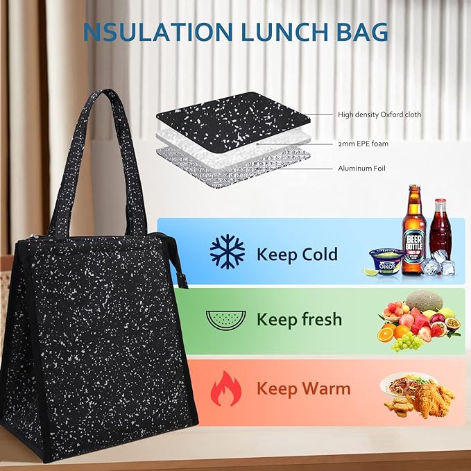 iknoe Lunch Bag Insulated Lunch Bags for Women & Men, 9L Reusable Lunch Tote, Portable Adult Thermal Large Lunch Cooler for Work Picnic Beach (Bright Black)