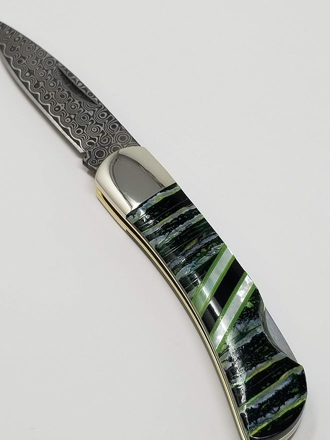 3" Custom Handmade Green G10 and Fossilized Stone Handle on Demascus lockback