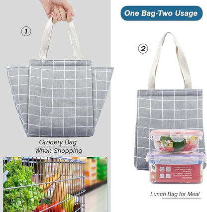 iknoe Insulated Lunch Bag for Women, 9L Sturdy Wide-Open Foldable & Portable Lunch Tote with Interior Pockets, Water-resistant Thermal Lunch Cooler for Adults Picnic Beach (Grey Plaid)