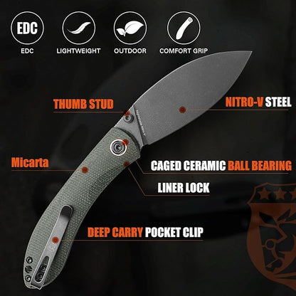 Vosteed EDC Knife, 3.26" Lightweight Folding Pocket Knife with Clip for Men and Women, Modern Shilin Cutter with Nitro-V Steel Blade, Micarta Handle for Camping, Hiking -Nightshade Series