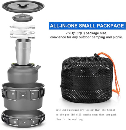 Odoland Camping Cookware Mess Kit, Lightweight Pot Pan Kettle with 2 Cups, Fork Spoon Kit Stainless Steel, gray for Backpacking, Outdoor Camping Hiking and Picnic