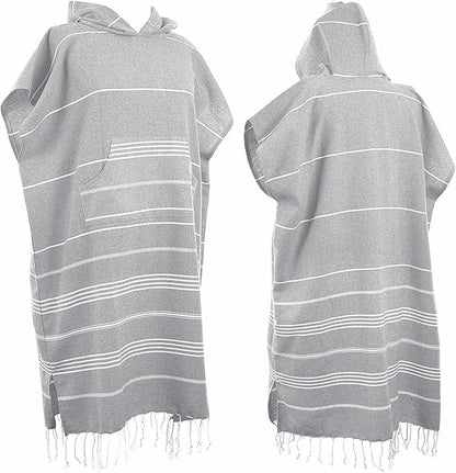 1pcs Large Turkish Cotton Poncho Towel Surf Poncho Changing Towel Robe with Hood and Front Pocket Absorbent Wearable Towel Hooded Beach Towel for Adult Man Women Surf Beach Pool (Light grey, Large)