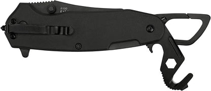 Kershaw Funxion EMT (8100); Multifunction Folding Pocketknife; 3 inch Partially Serrated Stainless Steel Blade; Carabiner Clip, Cord Cutter, Screwdriver Tip, Hex Wrench, Glassbreaker Tip , Black