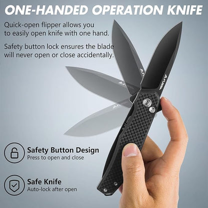 FLISSA Folding Pocket Knife, 4.5" Carbon Fiber Handle EDC Knife with D2 Steel Blade, Button Lock and Pocket Clip, Tactical Knives for Men Women, Uesd for Outdoor, Survival, Hunting and Camping