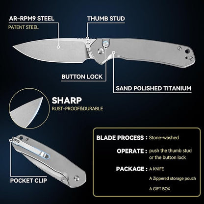CJRB CUTLERY Pocket Knife Pyrite (J1925) Button Lock EDC Small Foldable Knife AR-RPM9 Steel Blade and Titanium Handle Silver Outdoor for Men Women for Gifts