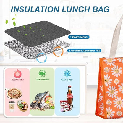 iknoe Insulated Lunch Bag for Women, 9L Durable Wide-Open Foldable & Portable Lunch Tote with Interior Pockets, Water-Resistant Thermal Lunch Cooler for Adults Picnic Beach (Daisy)