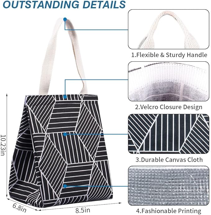 iknoe Insulated Lunch Bag for Women, 9L Sturdy Wide-Open Foldable & Portable Lunch Tote with Interior Pockets, Water-Resistant Thermal Lunch Cooler for Adults Picnic Beach (Black Rhombus)
