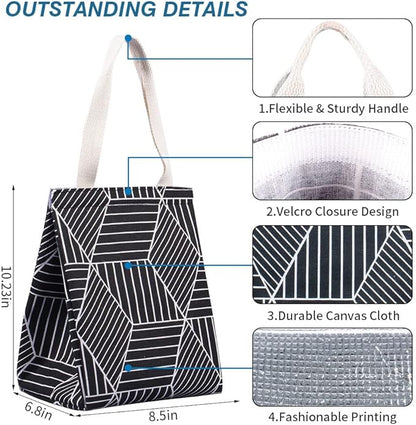 iknoe Insulated Lunch Bag for Women, 9L Sturdy Wide-Open Foldable & Portable Lunch Tote with Interior Pockets, Water-Resistant Thermal Lunch Cooler for Adults Picnic Beach (Black Rhombus)