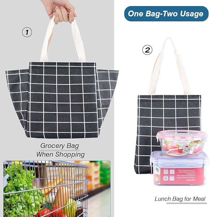 iknoe Insulated Lunch Bag for Women, 9L Sturdy Wide-Open Foldable & Portable Lunch Tote with Interior Pockets, Water-resistant Thermal Lunch Cooler for Adults Picnic Beach-Black Plaid