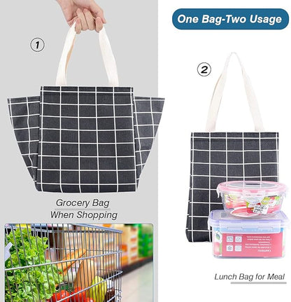 iknoe Insulated Lunch Bag for Women, 9L Sturdy Wide-Open Foldable & Portable Lunch Tote with Interior Pockets, Water-resistant Thermal Lunch Cooler for Adults Picnic Beach-Black Plaid