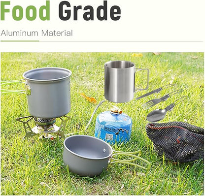 Camping Cookware Set Portable Backpacking Stove Kit, Mini Camp Stove with Non-Stick Lightweight Pots Pans and Stainless Steel Fork Knife Spoon for Outdoor Camping Hiking Cooking Gear