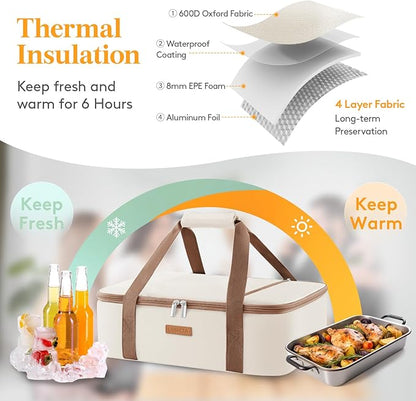 Insulated Casserole Carrier for Hot or Cold Food, Lasagna Lugger Tote for Potluck Parties/Picnic/Cookouts, Fits 9"×13" Baking Dish, Cream