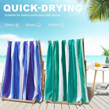 2 Pack Microfiber Oversized Beach Towel Lightweight Thin Sandproof Compact Quick Dry Clearance Towels Extra Large Sand Free Pool Travel Beach Essentials Accessories Women Men Adult Gift Green Stripe