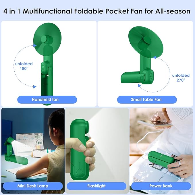 4 IN 1 Portable Handheld Fan,Personal Foldable Cooling Fan, Mini Pocket Fan,Desk Fan,Hand Fan,Flashlight,Power Bank,Table Lamp,Camping Travel Beach Fan, Birthday Gifts for Women Men(Green)