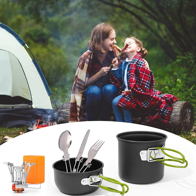 Camping Cookware Set Portable Backpacking Stove Kit, Mini Camp Stove with Non-Stick Lightweight Pots Pans and Stainless Steel Fork Knife Spoon for Outdoor Camping Hiking Cooking Gear