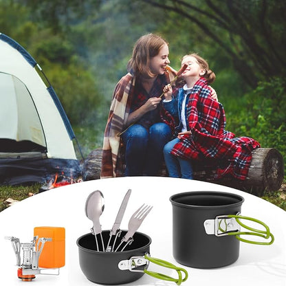 Camping Cookware Set Portable Backpacking Stove Kit, Mini Camp Stove with Non-Stick Lightweight Pots Pans and Stainless Steel Fork Knife Spoon for Outdoor Camping Hiking Cooking Gear