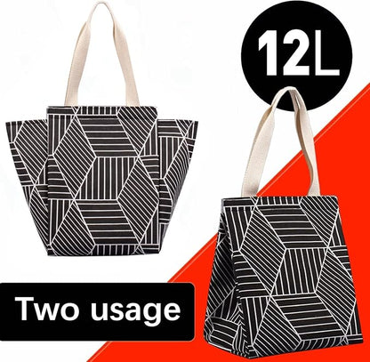 iknoe Insulated Lunch Bag for Women, 9L Sturdy Wide-Open Foldable & Portable Lunch Tote with Interior Pockets, Water-Resistant Thermal Lunch Cooler for Adults Picnic Beach (Black Rhombus)