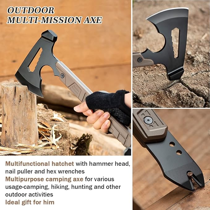 17.5in Full Tang Camping Axe Tomahawk with Nylon Sheath, Tactical and Survival Hatchet with Hammer for Axe Throwing, Outdoor Camping Hiking and Chopping Wood