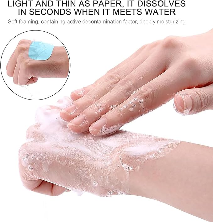 50 PCS Blue Portable Soap Sheets, Mini Portable Travel Soap Paper Sheets Disposable Water Soluble Hand Washing Bath Scented Paper Soap for Outdoor, Camping Hiking,Camping Soap and Shampoo