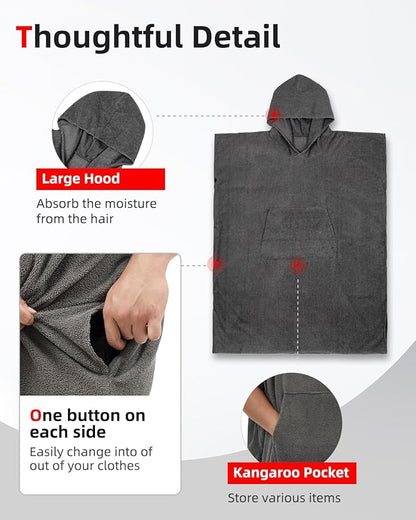 Abahub Surf Poncho Changing Robe with Hood, Thick Quick Dry Microfiber Wetsuit Changing Towel for Surfing Beach Swim Outdoor Sports Men Women, Absorbent Wearable Towel Cover Up(Grey)