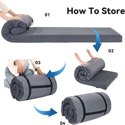 HOMBYS Memory Foam Camping Mattress Pad,Portable Sleeping Pad for Adult,Waterproof Cot Mattress,Roll Up Floor Mattress,Foldable Backpacking Travel Bed for Hiking,Guest Bed
