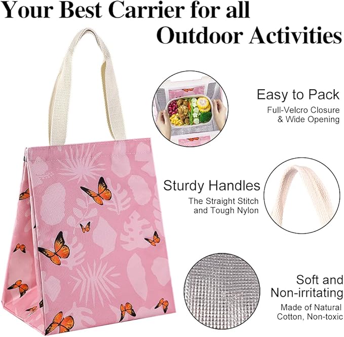 iknoe Insulated Lunch Bag for Women, 9L Sturdy Wide-Open Foldable & Portable Lunch Tote with Interior Pockets, Water-resistant Thermal Lunch Cooler for Adults Picnic Beach-Pink Butterfly