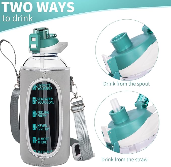 64 oz Large Sports Glass Water Bottle with Straw & Time Marker, Motivational Half Gallon Daily Glass Drinking Bottle with Strap for Fruit Infused Water, Smoothie, Coffee