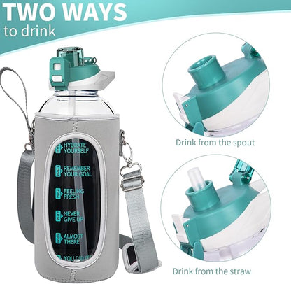 64 oz Large Sports Glass Water Bottle with Straw & Time Marker, Motivational Half Gallon Daily Glass Drinking Bottle with Strap for Fruit Infused Water, Smoothie, Coffee