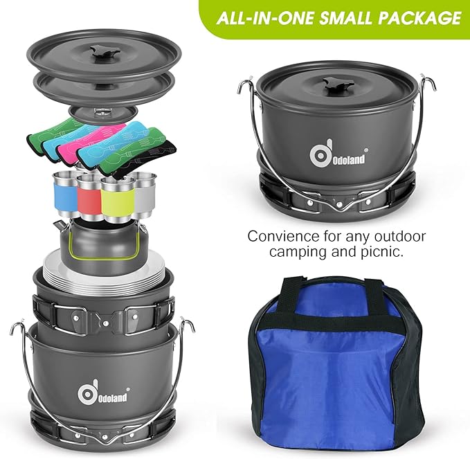 Odoland 39pcs Camping Cookware Mess Kit, Non-Stick Large Size Hanging Pot Pan Kettle with Base Dinner Cutlery Sets for 6 and More, Cups Dishes Forks Spoons Kit for Outdoor Camping Hiking Picnic