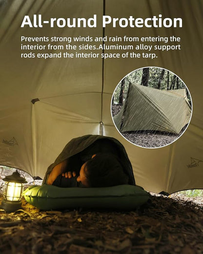 Ultralight Tarp, 14ft Hammock Rain Fly Lightweight Waterproof Camping Tent Tarp with Doors, Bushcraft Tarp Shelter for Backpacking Hiking Camping