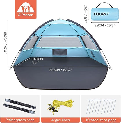 TOURIT Beach Tent 3 Person Instant Sun Shelter with UV Protection for Outdoor Family Beach, Hiking, Fishing