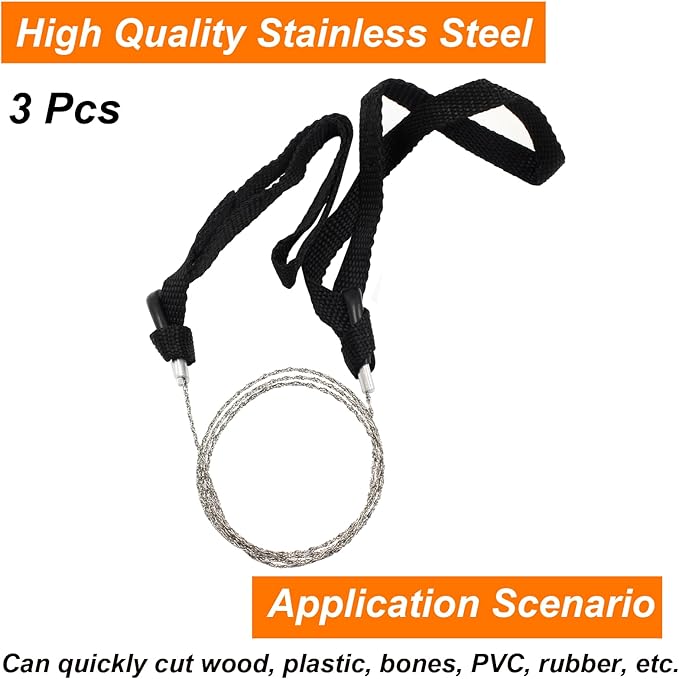 3 Pcs Hand Pocket Chainsaw Stainless Steel Emergency Saw Kit Mini Survival Wire Saw with Rope Handle for Cutting Hunting Hiking Backpacking Gear(Black)