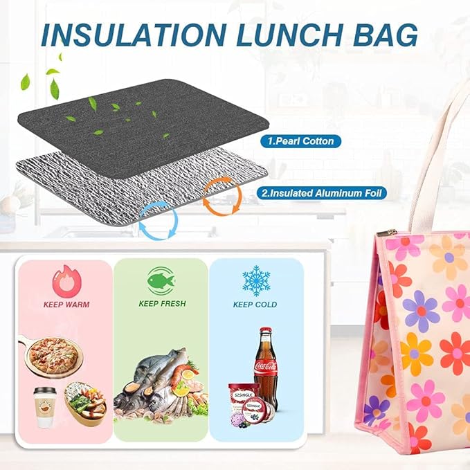 iknoe Lunch Bag Insulated Lunch Bags for Women & Men, 9L Reusable Lunch Tote, Portable Adult Thermal Large Lunch Cooler for Work Picnic Beach (Pink Flowers)