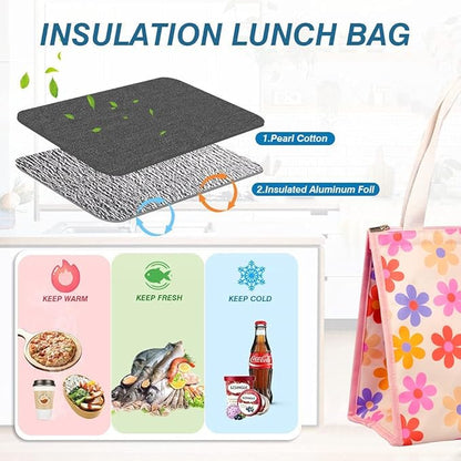 iknoe Lunch Bag Insulated Lunch Bags for Women & Men, 9L Reusable Lunch Tote, Portable Adult Thermal Large Lunch Cooler for Work Picnic Beach (Pink Flowers)