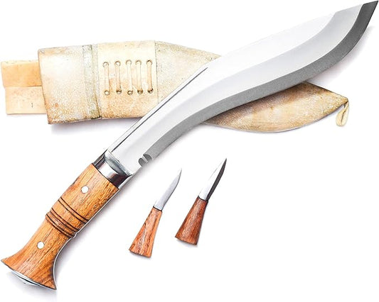 10” Blade Operation Kukri, Panawal Full Tang Gurka Khukri, Double Fuller Sharp Blade Khukuri, Beige Leather Scabbard w/ 2 extra utility knives, Handmade in Nepal Khukri