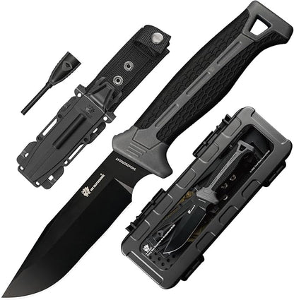 HX OUTDOORS Extra Sharp Bushcraft Knife with Fire Starter, Premium D2 Steel Fixed Blade Survival Camping Knife with Plastic Sheath for Outdoor, Hiking, Backpacking(Black)