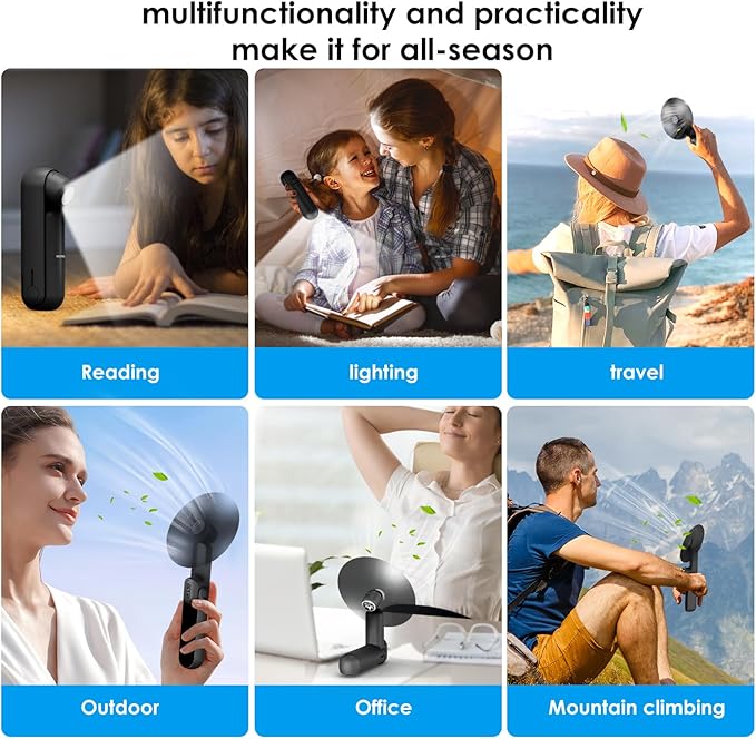 4 IN 1 Portable Handheld Fan,Personal Foldable Cooling Fan, Mini Pocket Fan,Desk Fan,Hand Fan,Flashlight,Power Bank,Table Lamp,Camping Travel Beach Fan, Birthday Gifts for Women Men(Black)
