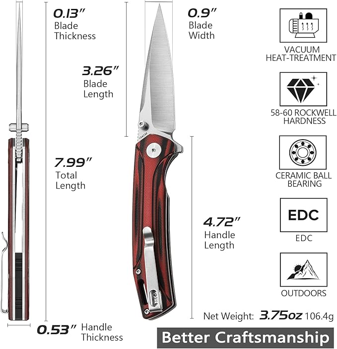 154CM Pocket Knife,3.26in Thumb Stud Satin 154CM Blade,Red and Black G10 Handle with Deep Carry Clip,Folding EDC Knives for Men Camping Fishing,Volans-03RB