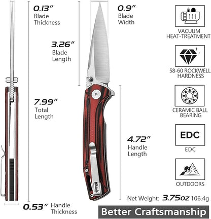 154CM Pocket Knife,3.26in Thumb Stud Satin 154CM Blade,Red and Black G10 Handle with Deep Carry Clip,Folding EDC Knives for Men Camping Fishing,Volans-03RB