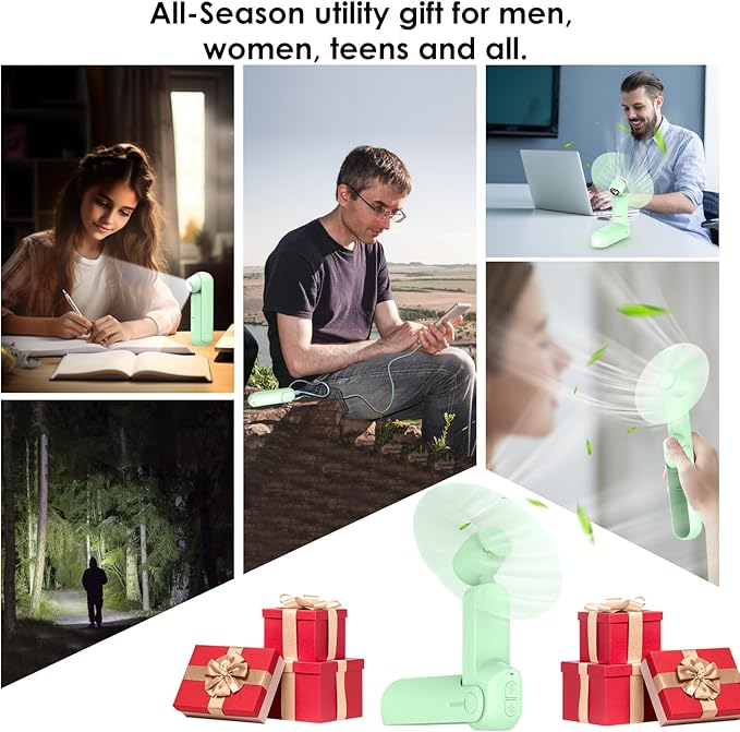 4 IN 1 Portable Handheld Fan,Personal Foldable Cooling Fan, Mini Pocket Fan,Desk Fan,Hand Fan,Flashlight,Power Bank,Table Lamp,Camping Travel Beach Fan, Birthday Gifts for Women Men(Light Green)