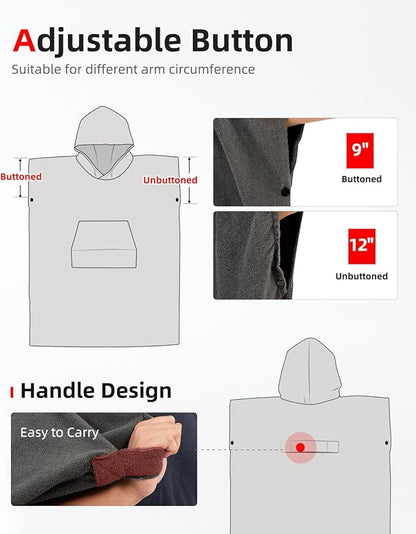 Abahub Surf Poncho Changing Robe with Hood, Thick Quick Dry Microfiber Wetsuit Changing Towel for Surfing Beach Swim Outdoor Sports Men Women, Absorbent Wearable Towel Cover Up(Grey)