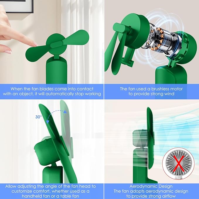 4 IN 1 Portable Handheld Fan,Personal Foldable Cooling Fan, Mini Pocket Fan,Desk Fan,Hand Fan,Flashlight,Power Bank,Table Lamp,Camping Travel Beach Fan, Birthday Gifts for Women Men(Green)