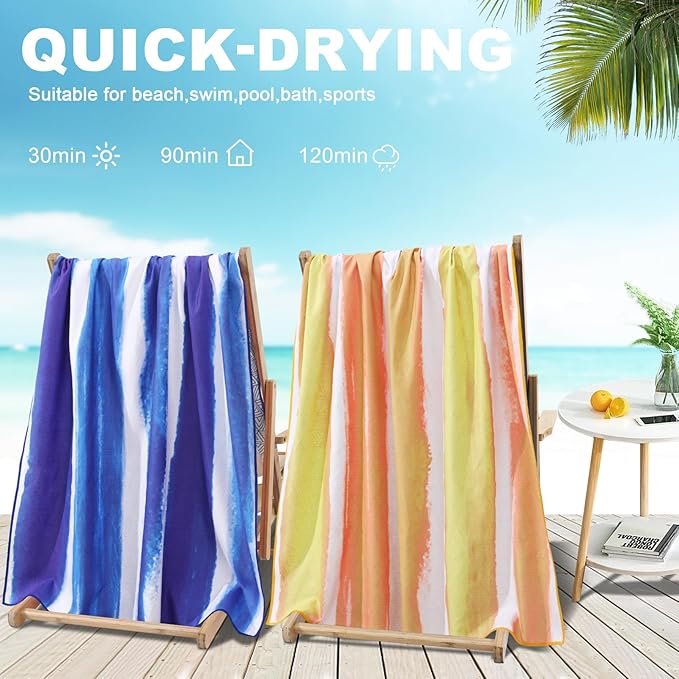 2 Pack Microfiber Oversized Beach Towel Lightweight Thin Sandproof Compact Quick Dry Clearance Towels Extra Large Sand Free Pool Travel Beach Essentials Accessories Women Men Adult Gift Yellow Stripe