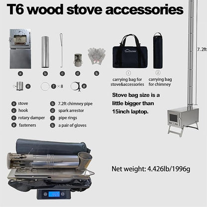DANCHEL OUTDOOR T6 Ultralight Titanium Wood Stove for Camping Backpacking, 4.4lbs Folding Hot Tent Stove with 7.2ft Chimney Pipe, Easy Setup for Solo Survival, Cooking